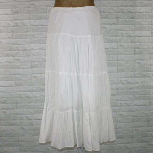 CHAPS Skirt Midaxi Tiered Crinkled Classic Preppy Boho Full Long Cotton White M - Picture 1 of 12